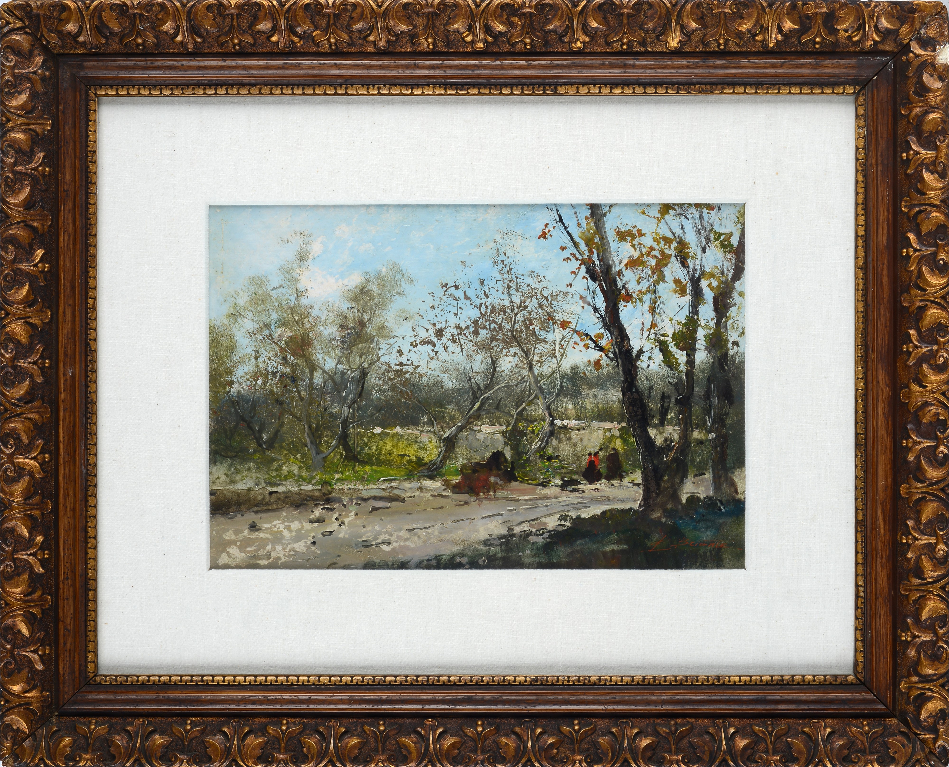 Ezelino Briante - Strada di campagna con figure, olio su cartone