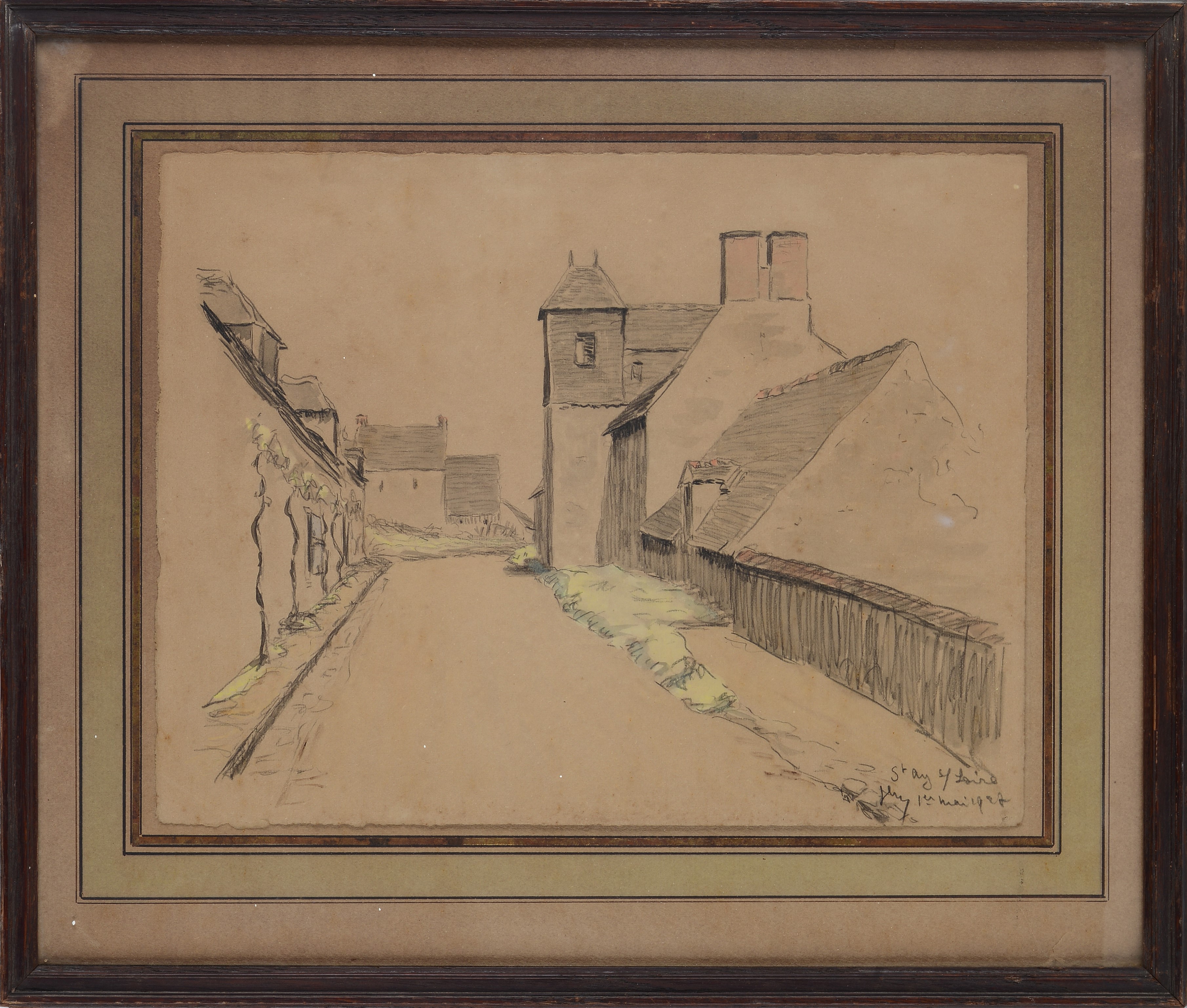 Anonimo Francese, XX Sec. - Anonimo francese, Strada di Saint-Ay, matita e pastelli su carta