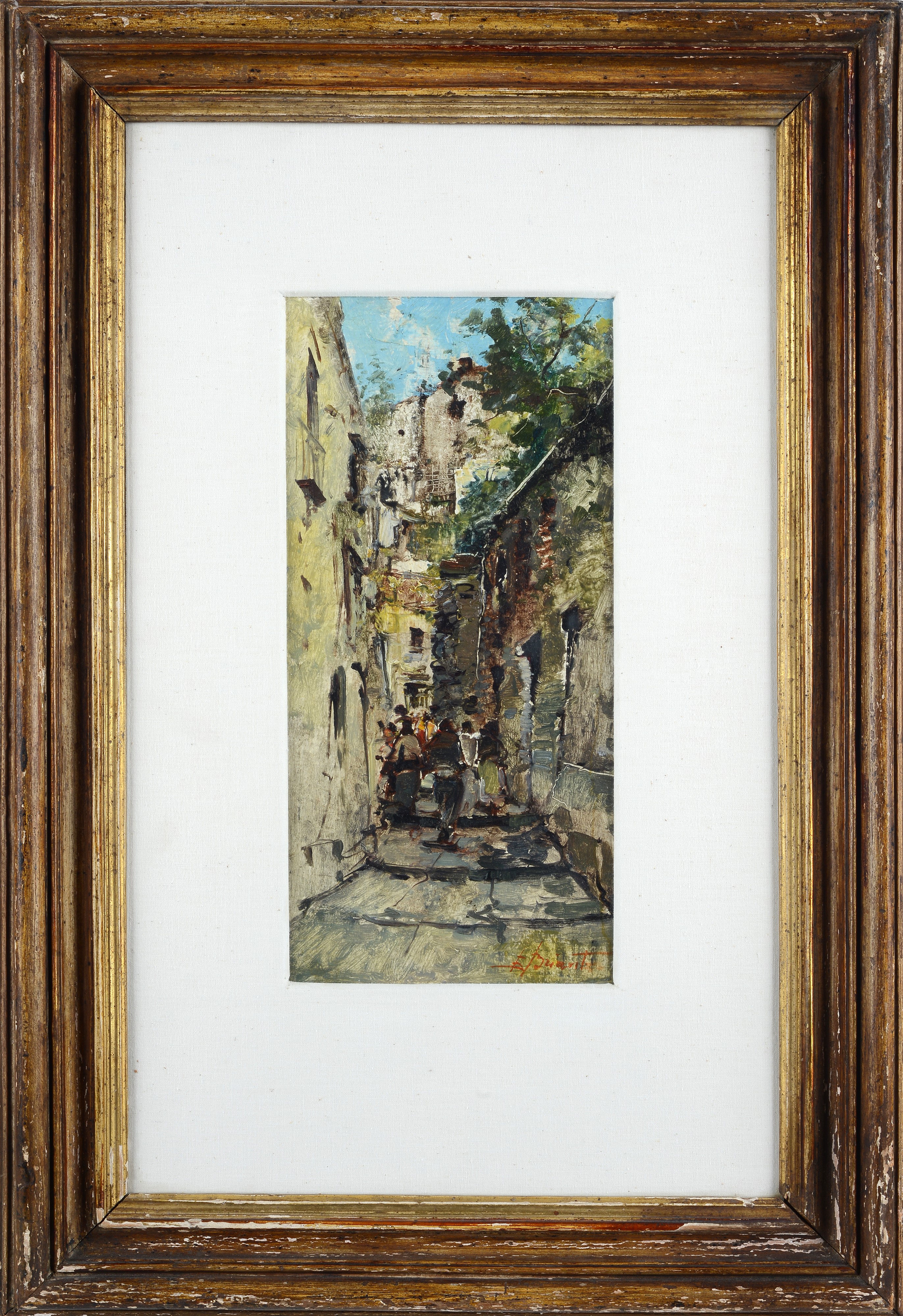 Ezelino Briante - Vicolo con figure, olio su cartone