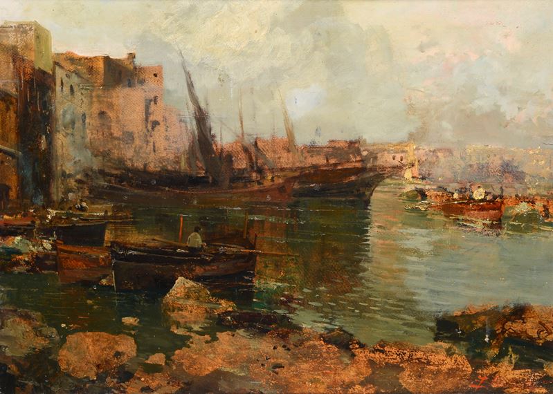 Ezelino Briante - Imbarcazioni nella baia, olio su cartone