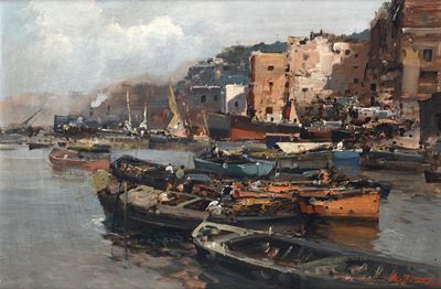 Città costiera con barche, olio su faesite