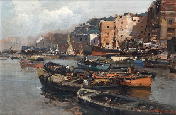 Ezelino Briante - Città costiera con barche