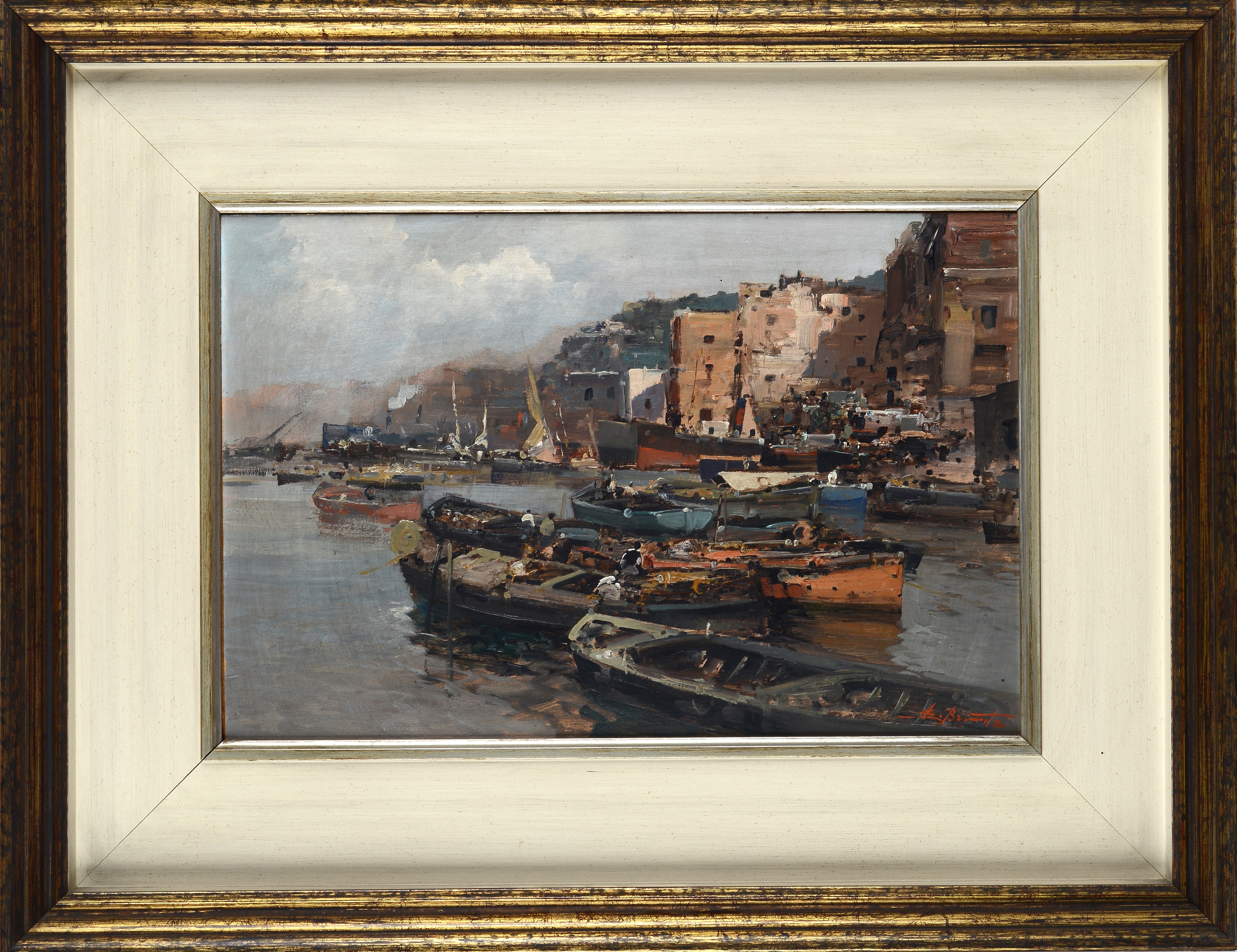 Ezelino Briante - Città costiera con barche, olio su faesite