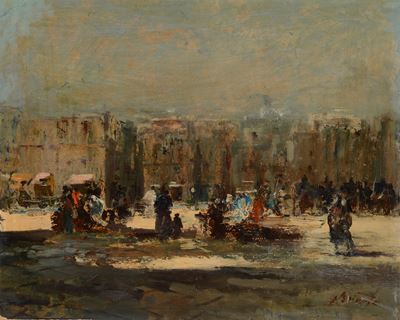 Piazza con figure, olio su cartone