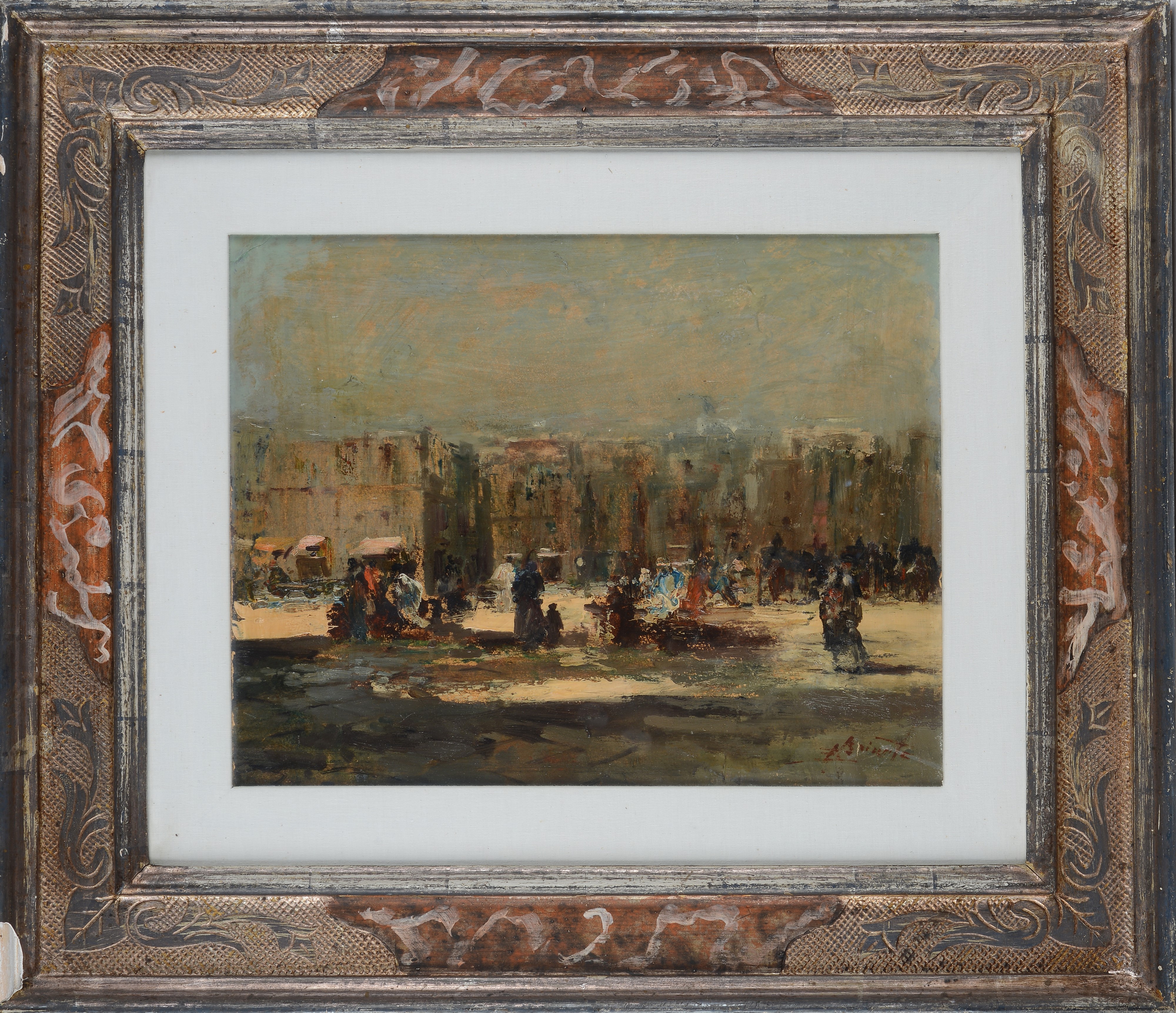 Ezelino Briante - Piazza con figure, olio su cartone