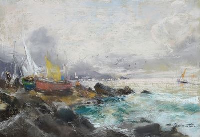 Marina con barche, tempera su cartone