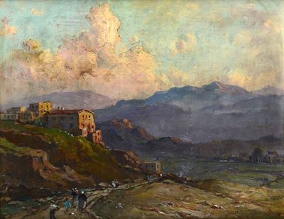 Paesaggio montano, olio su legno