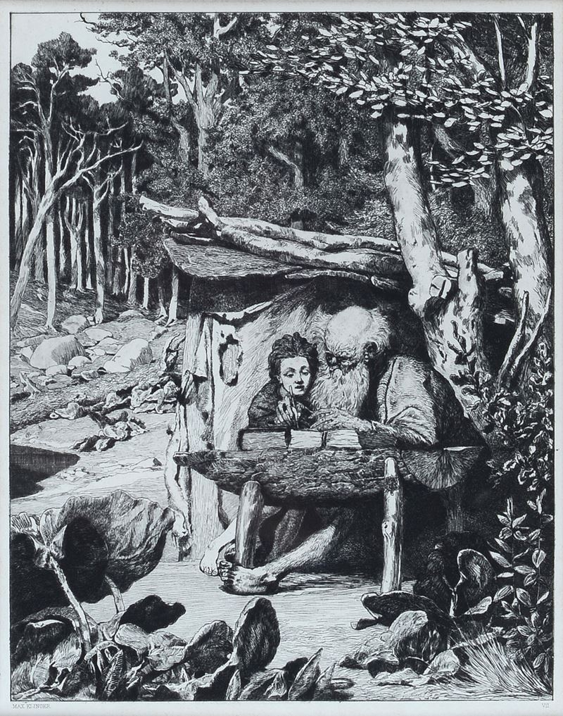 Max Klinger - Simplici Schreibstunde (Lezioni di scritto di Simplicio), acquaforte