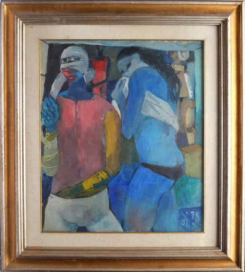 Bruno Paoli - Commedianti, olio su tela, cm. 70x60, 197