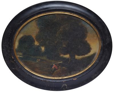 Anonimo, Paesaggio con figure, olio su tela riportata su tavola ovale
