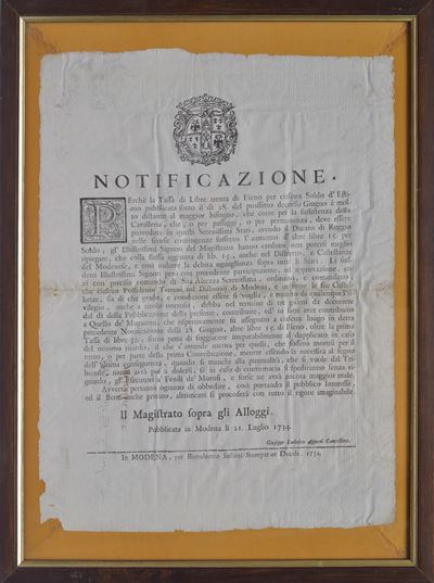 Notificazione tassa sul fieno, Modena, 1734