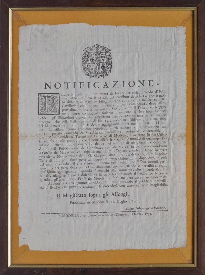 Notificazione tassa sul fieno, Modena, 1734