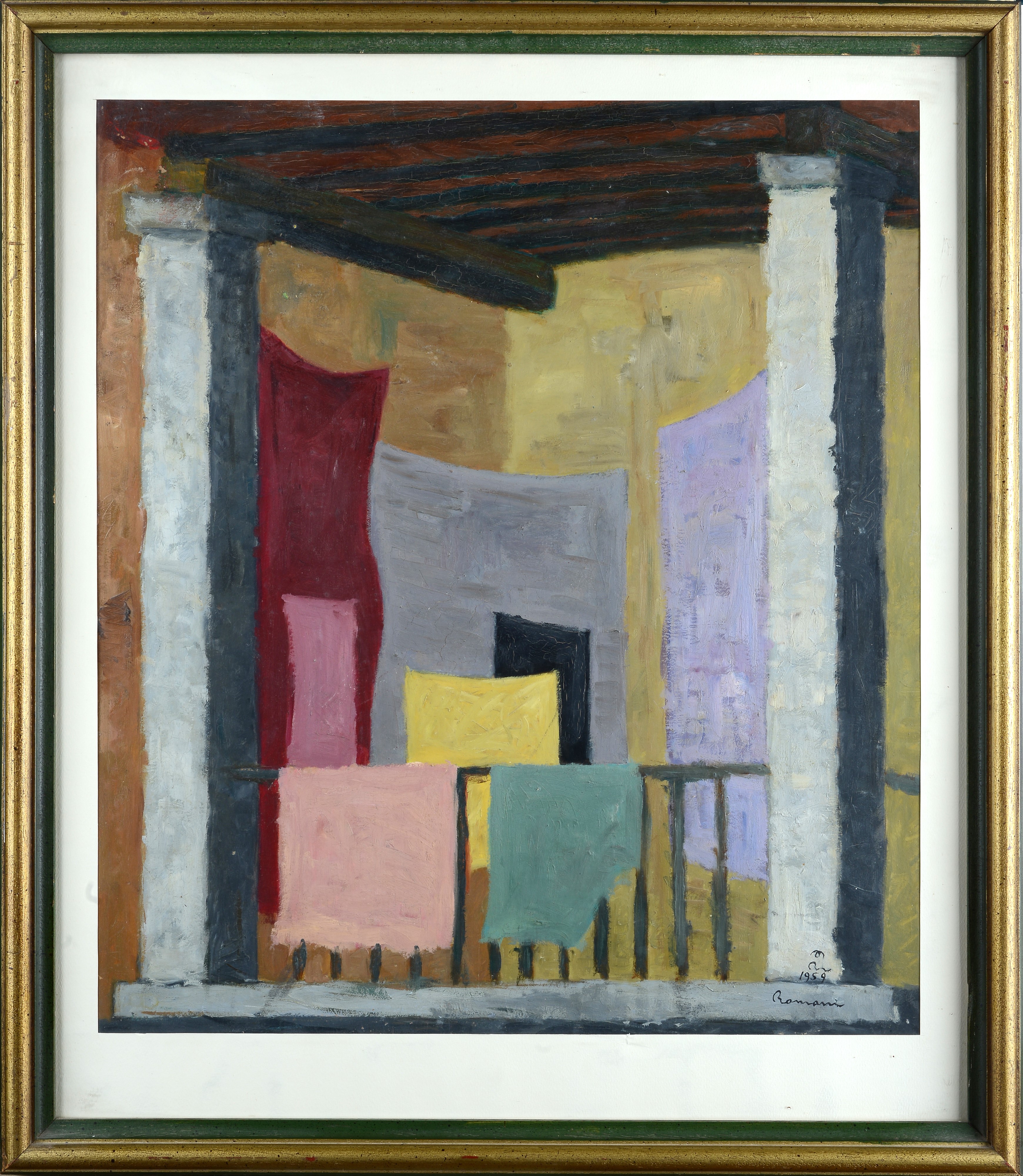 Guido Cesare Romani - Balcone, olio su cartone