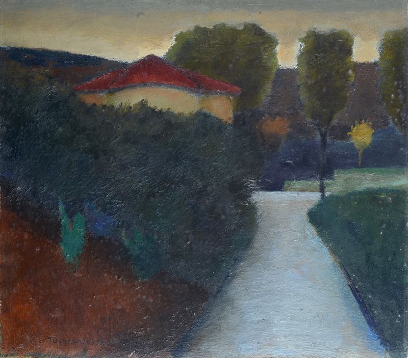 Nino Tirinnanzi - Paesaggio con case, olio su tavola