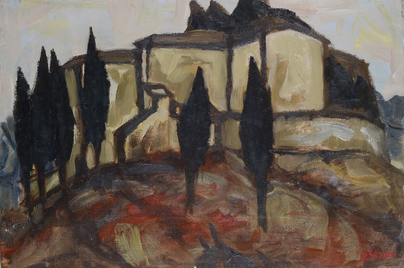 Renzo Grazzini - Paesaggio con case, olio su tela
