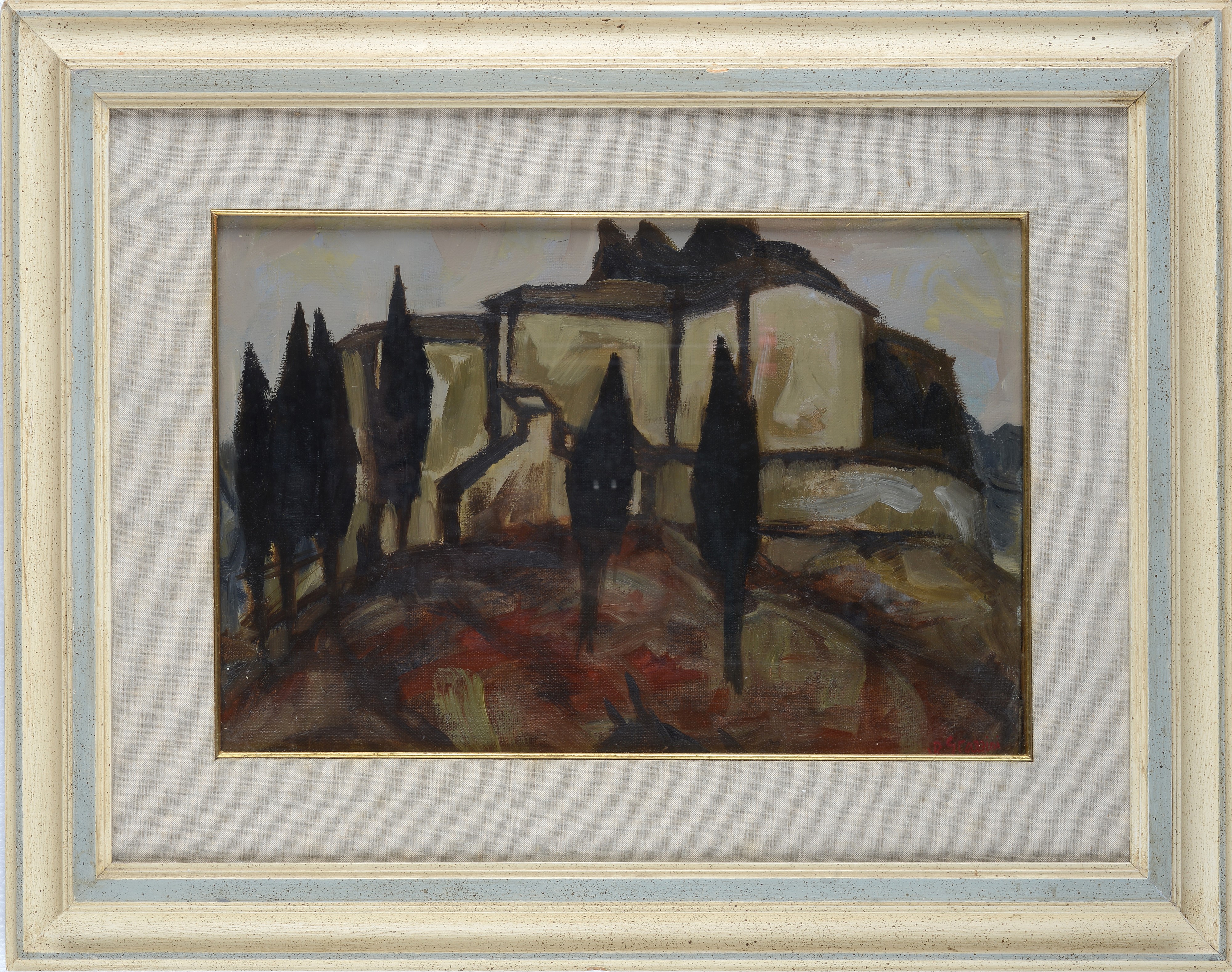 Renzo Grazzini - Paesaggio con case, olio su tela
