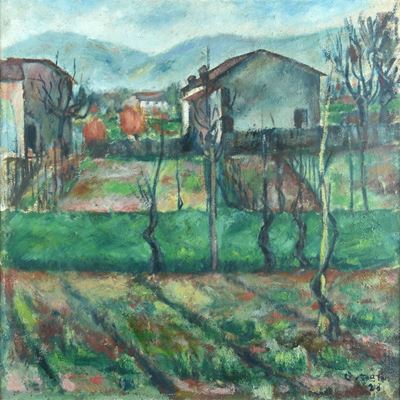 Paesaggio con case, olio su tela