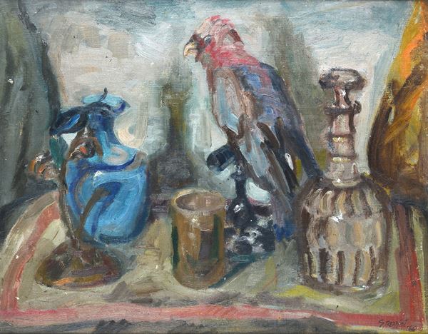 Renzo Grazzini - Natura morta con bottiglia e pappagallo