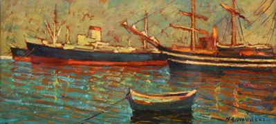 Barche a Livorno, olio su tavola