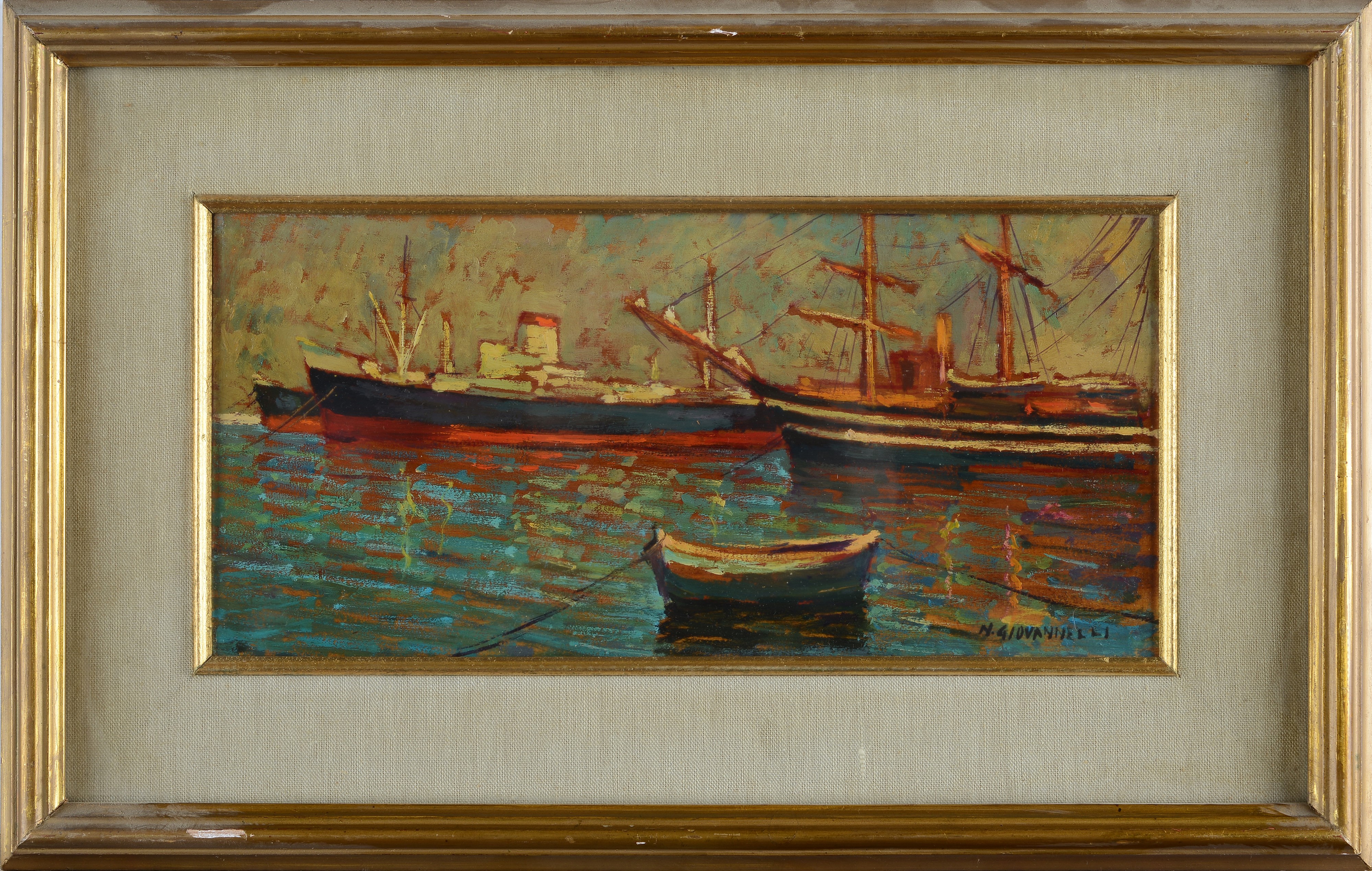 Nello Giovannelli - Barche a Livorno, olio su tavola