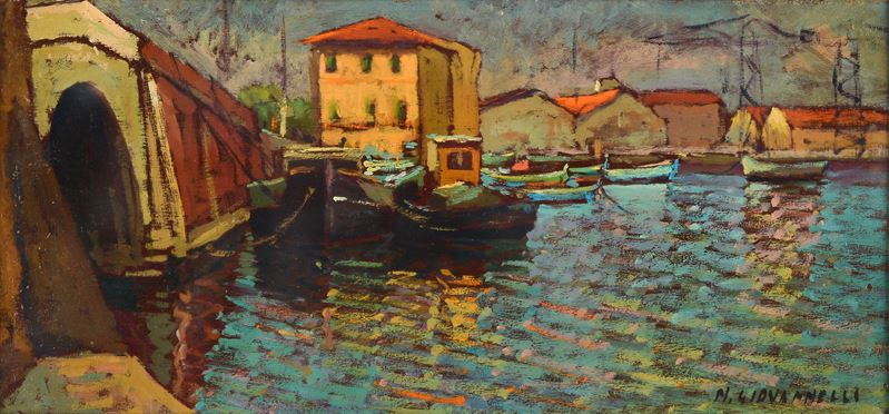 Nello Giovannelli - Porto a Livorno, olio su tavola