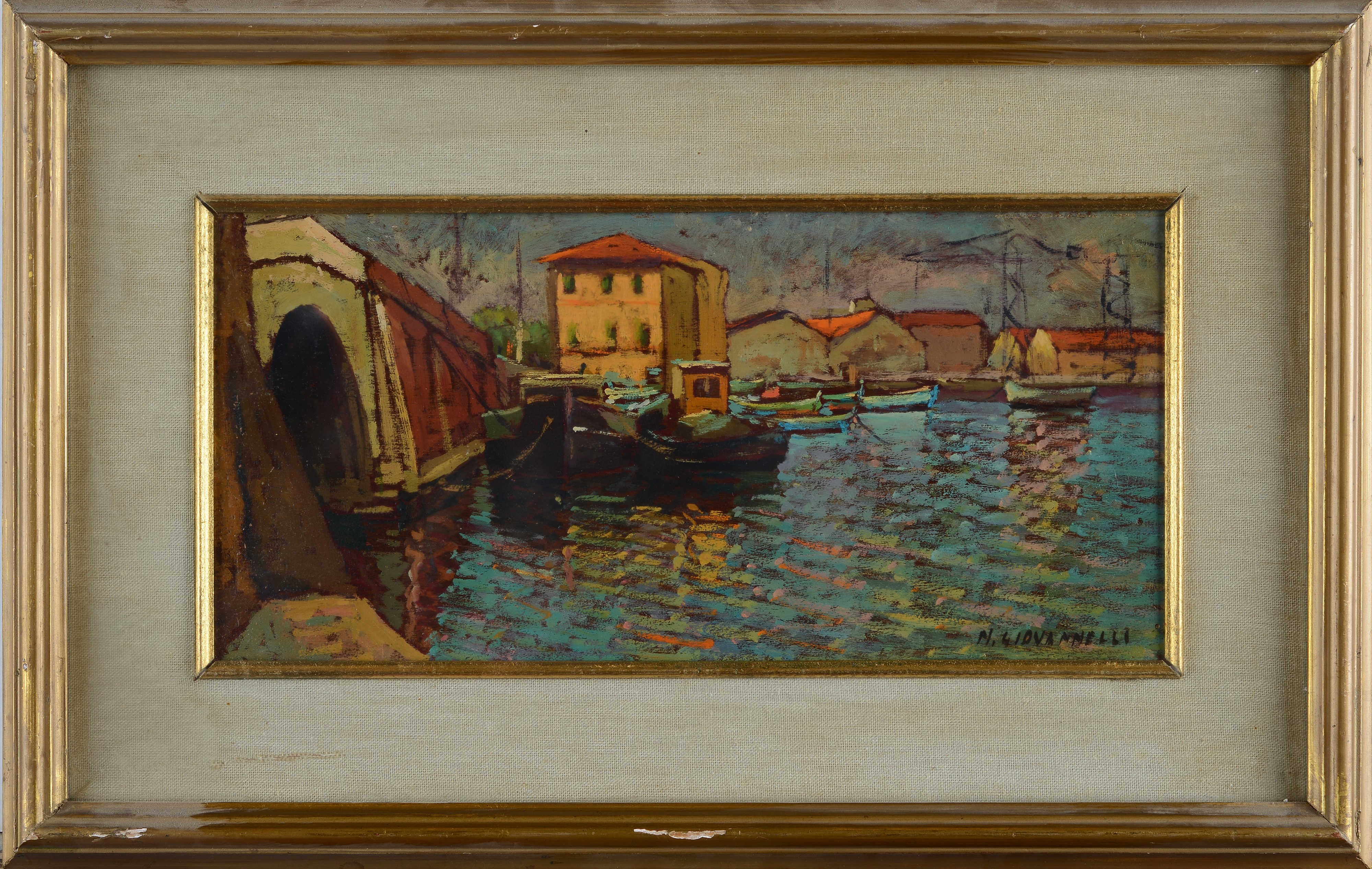 Nello Giovannelli - Porto a Livorno, olio su tavola