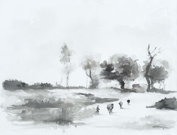 Anonimo, XX sec. - Paesaggio con figure e animali