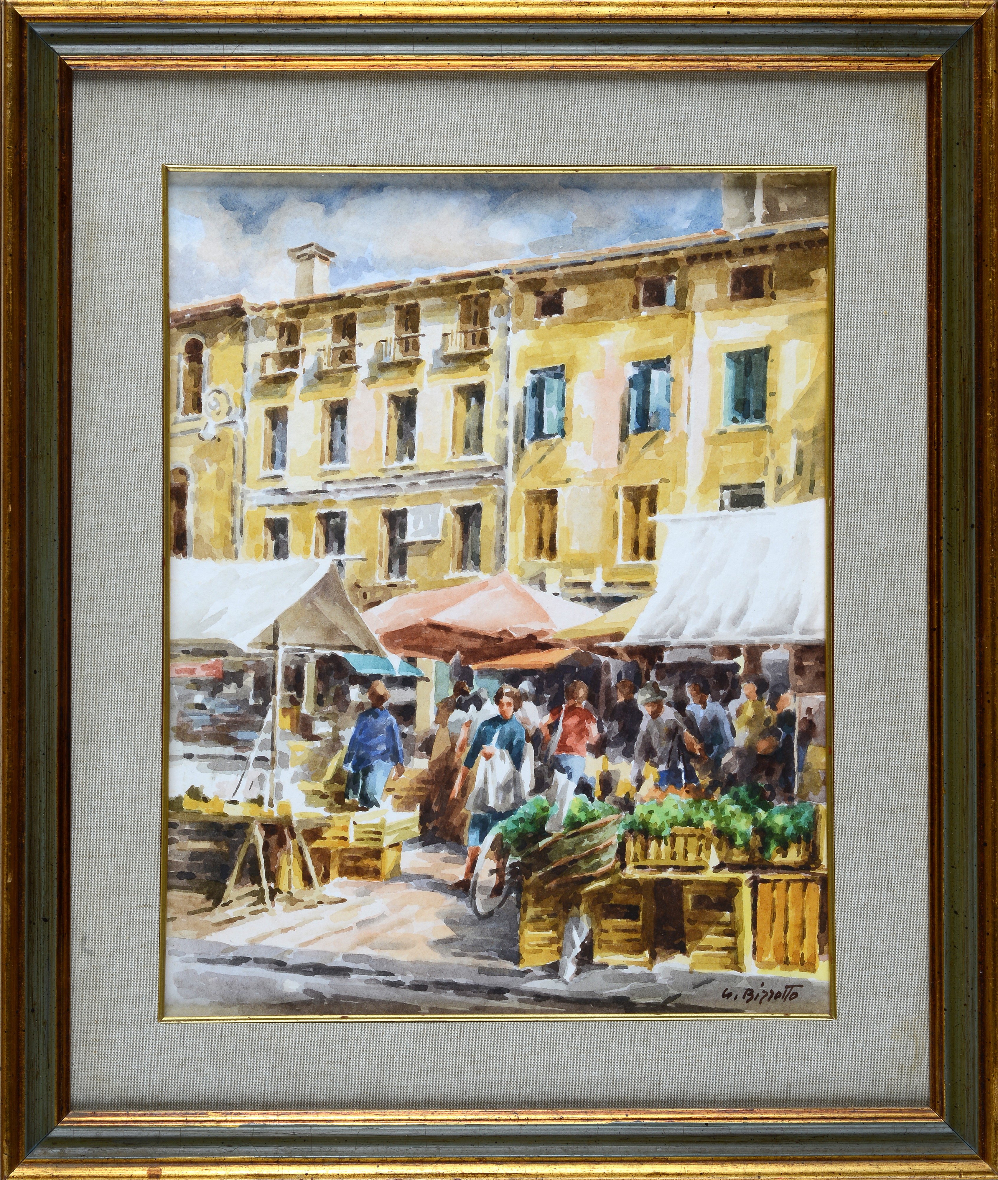 Gregorio Bizzotto - Piazza delle erbe a Bassano, acquerello su cartone