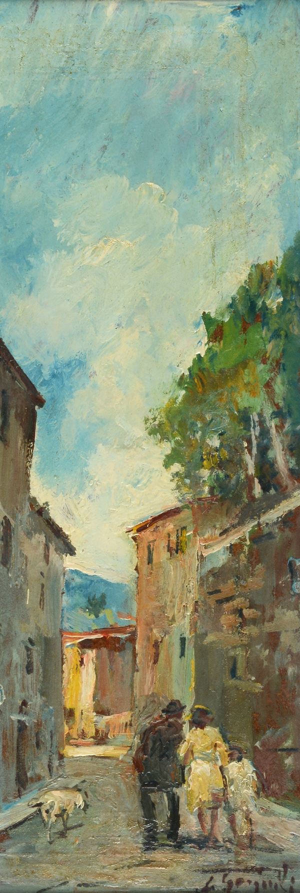 Anonimo, XX sec. - Scorcio di paese con figure e cane