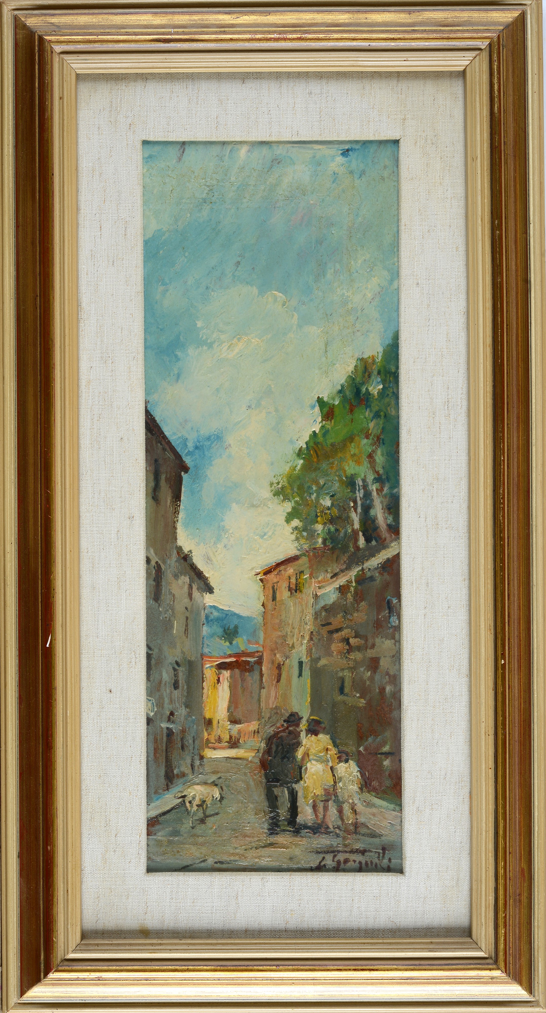 Anonimo, XX Sec. - Anonimo, Scorcio di paese con figure e cane, olio su faesite