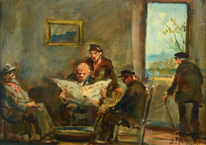 Anonimo, XX Sec. - Anonimo, Interno con anziani, olio su tavola
