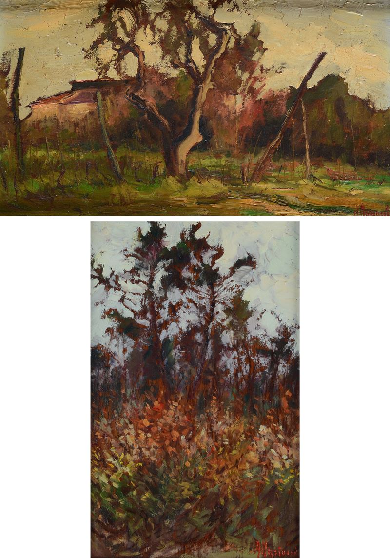 Arturo Mariani - Coppia di paesaggi, olio su tavola