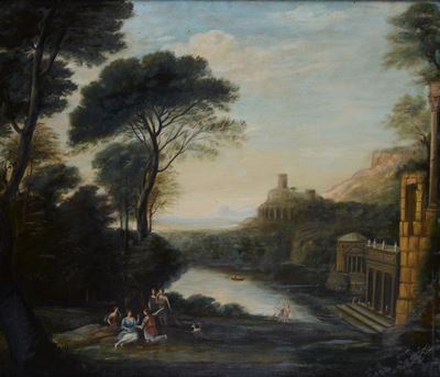 Anonimo (inizio XIX secolo), Paesaggio con figure, olio su tela