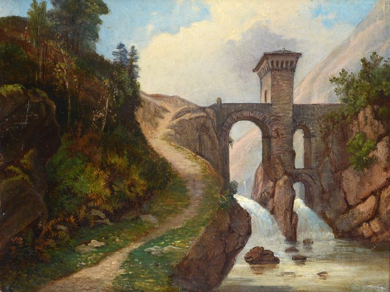 Anonimo, XIX Sec. - Anonimo XIX secolo, Paesaggio con cascate, olio su tela