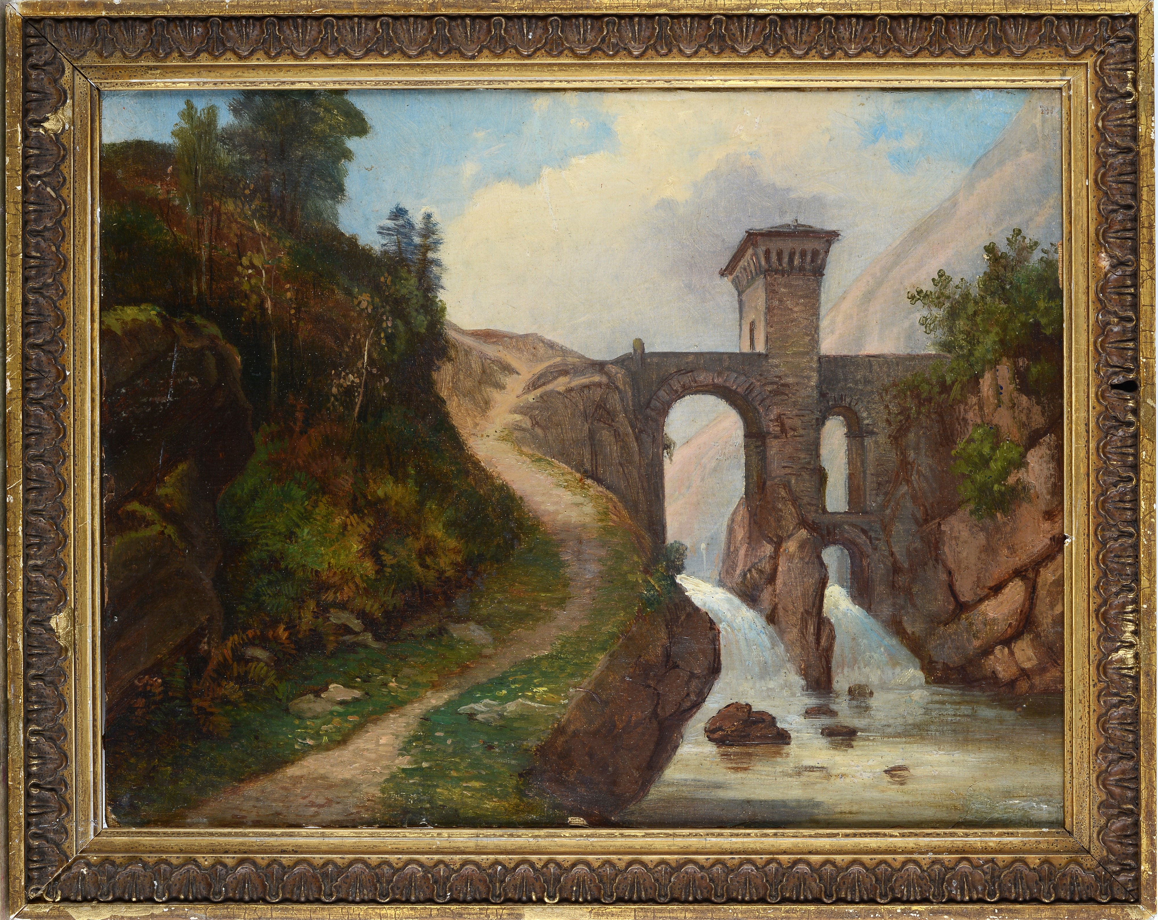 Anonimo, XIX Sec. - Anonimo XIX secolo, Paesaggio con cascate, olio su tela