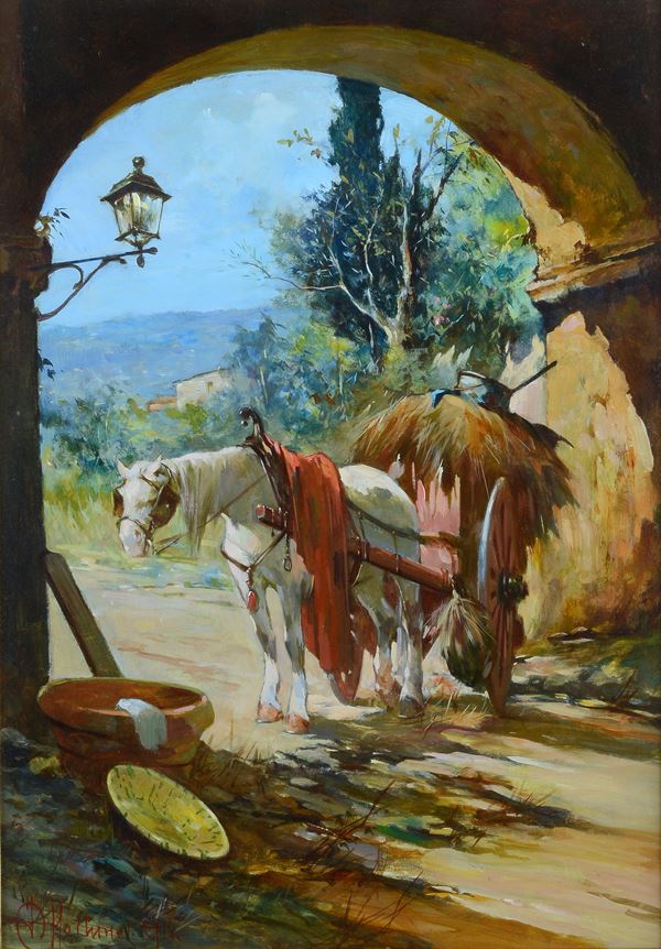 Aldo Affortunati - Campagna toscana - Cavallo barroccio sotto l'arco