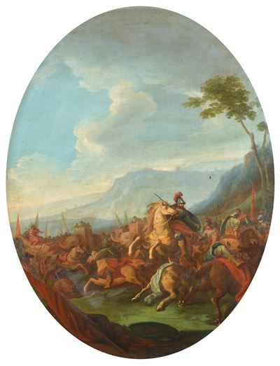 Scuola Italia Meridionale, Battaglia, olio su tela, cm 90x72, XVIII secolo